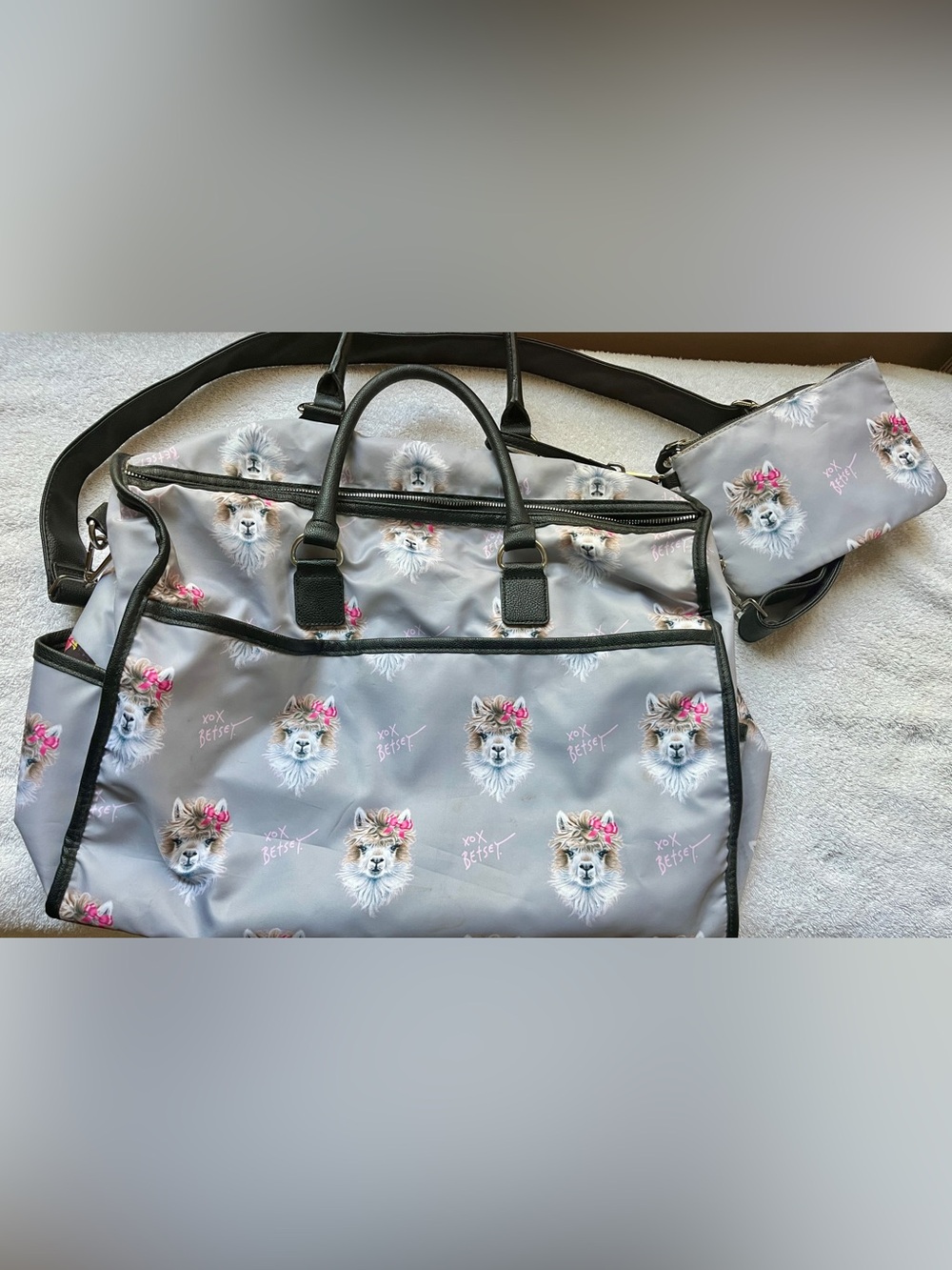 Betsey Johnson gray, black trim, pink  Llama Print weekender/duffle/tote w/pouch